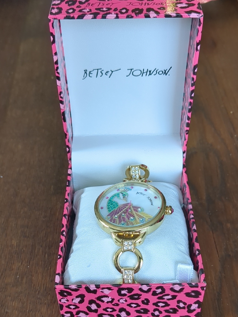 Betsey Johnson Gold Peacock Accent Watch with Pink & Green Details